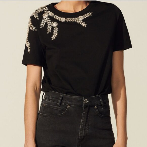 Sandro Rhinestone Crystal Embellished T-Shirt - Picture 1 of 8